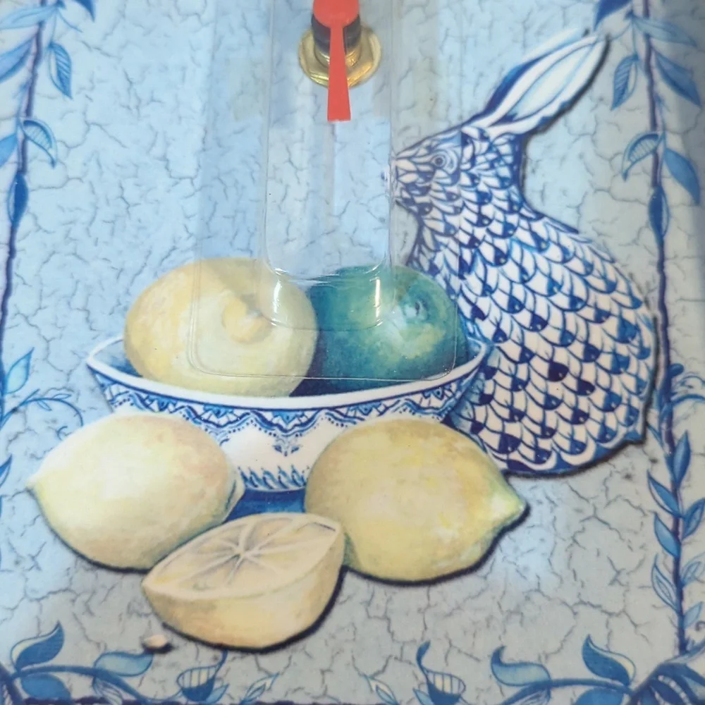 Kym Garraway Clock Ceramic Blue Morning Rabbit With Lemons Lime Flowers New